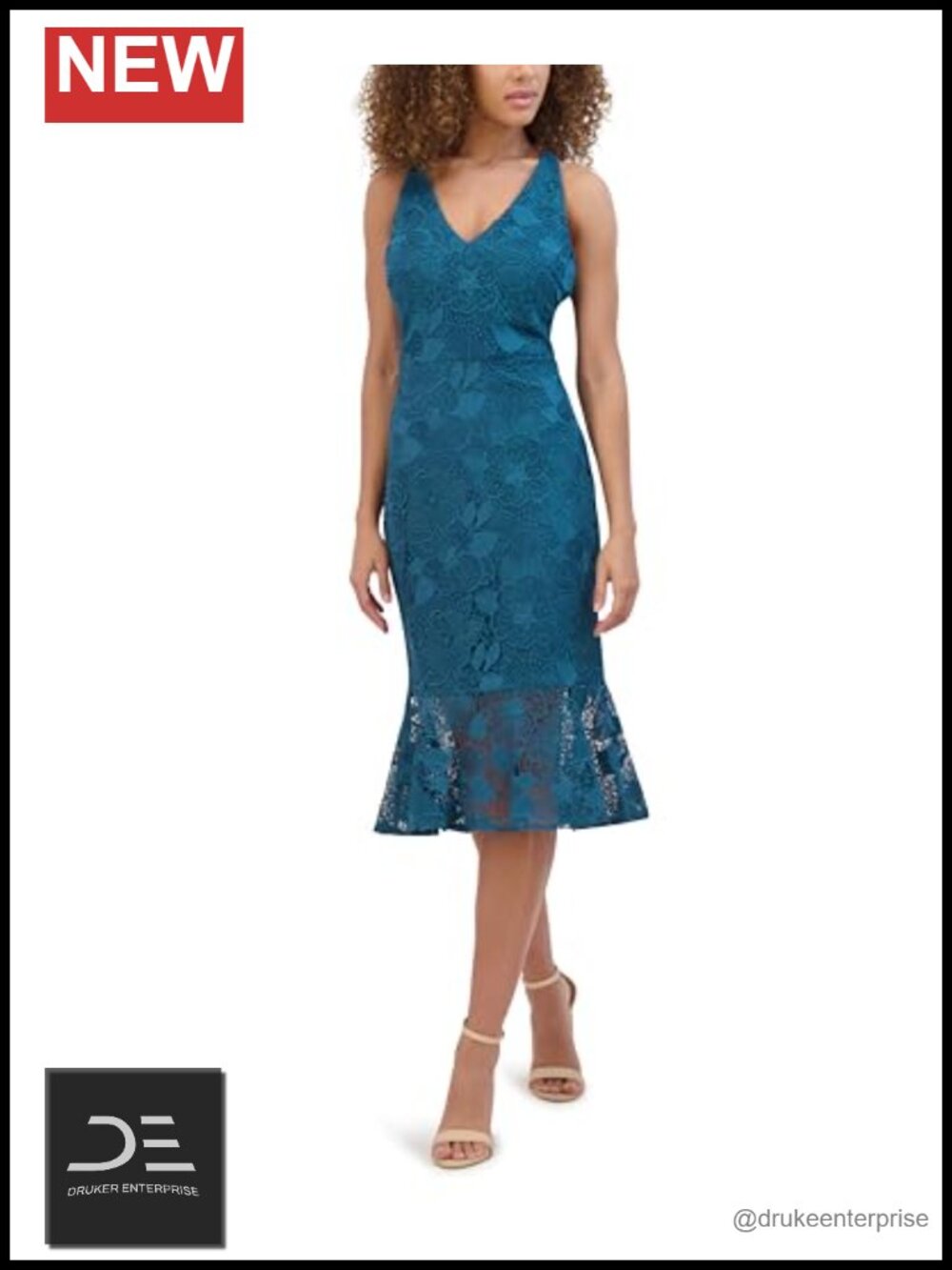 Sleeveless Halter V-Neck Floral Lace Sheer Trim Midi Dress